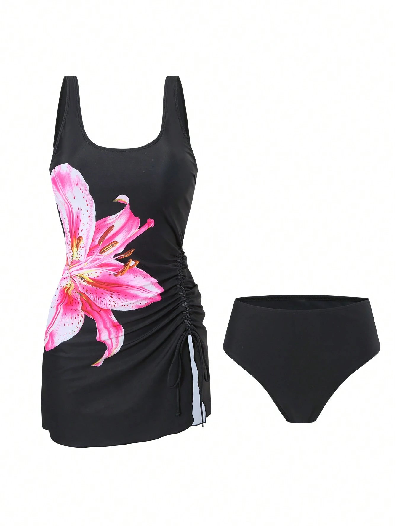 Swim Lushoire Summer Elegant Minimalist Side Drawstring Floral Printed Swim Dress & High Waisted Solid Color Bikini Bottom