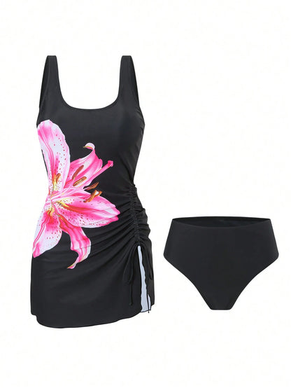 Swim Lushoire Summer Elegant Minimalist Side Drawstring Floral Printed Swim Dress & High Waisted Solid Color Bikini Bottom