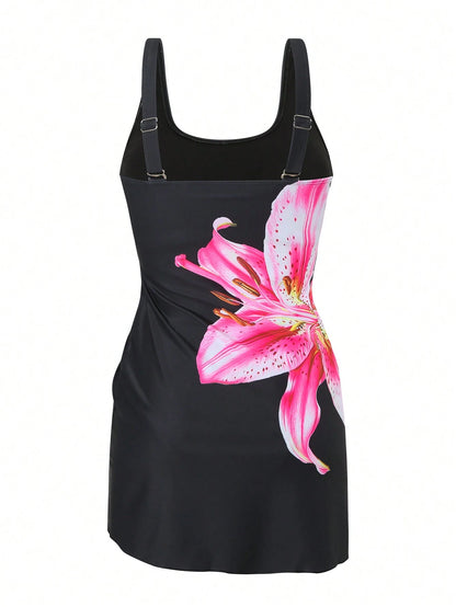 Swim Lushoire Summer Elegant Minimalist Side Drawstring Floral Printed Swim Dress & High Waisted Solid Color Bikini Bottom