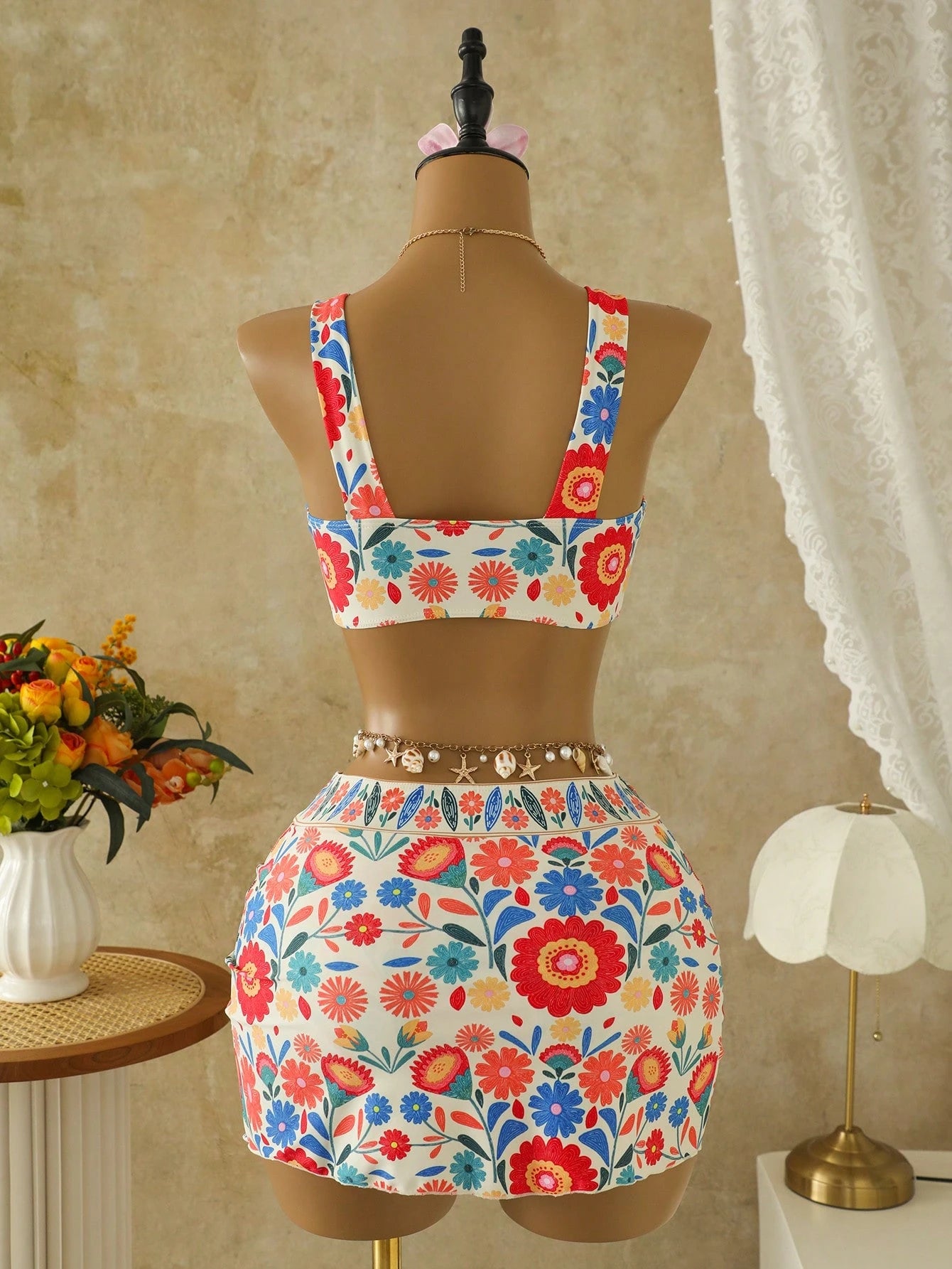 Swim Lushoire Summer New Floral Print Tie-Up Ruched Tankini Top And Mini Skirt Swimwear Set,Beige Boho Beach Holiday Conservative Drawstring Bikini Set