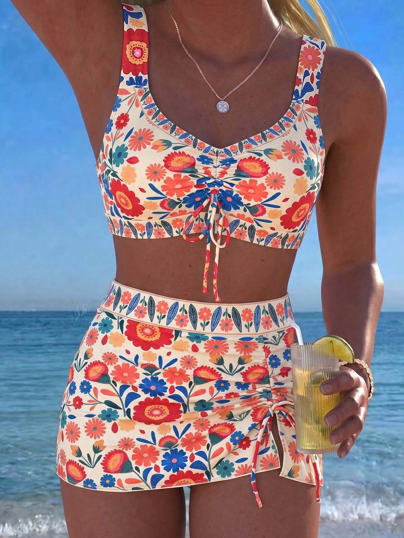 Swim Lushoire Summer New Floral Print Tie-Up Ruched Tankini Top And Mini Skirt Swimwear Set,Beige Boho Beach Holiday Conservative Drawstring Bikini Set