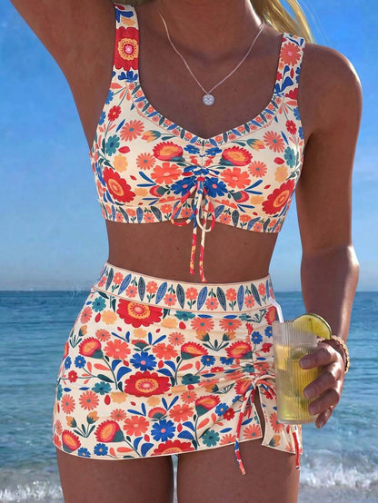 Swim Lushoire Summer New Floral Print Tie-Up Ruched Tankini Top And Mini Skirt Swimwear Set,Beige Boho Beach Holiday Conservative Drawstring Bikini Set