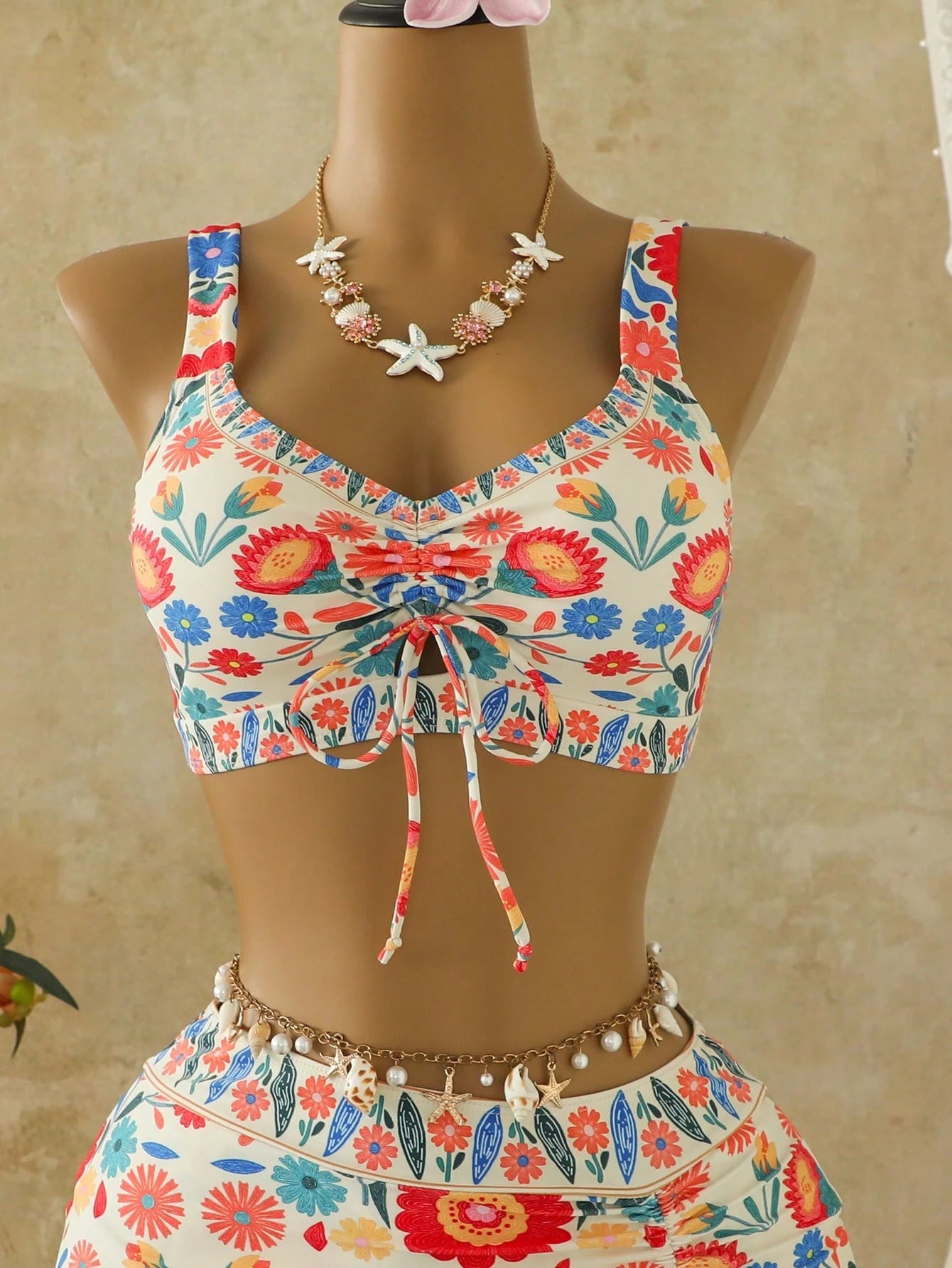 Swim Lushoire Summer New Floral Print Tie-Up Ruched Tankini Top And Mini Skirt Swimwear Set,Beige Boho Beach Holiday Conservative Drawstring Bikini Set