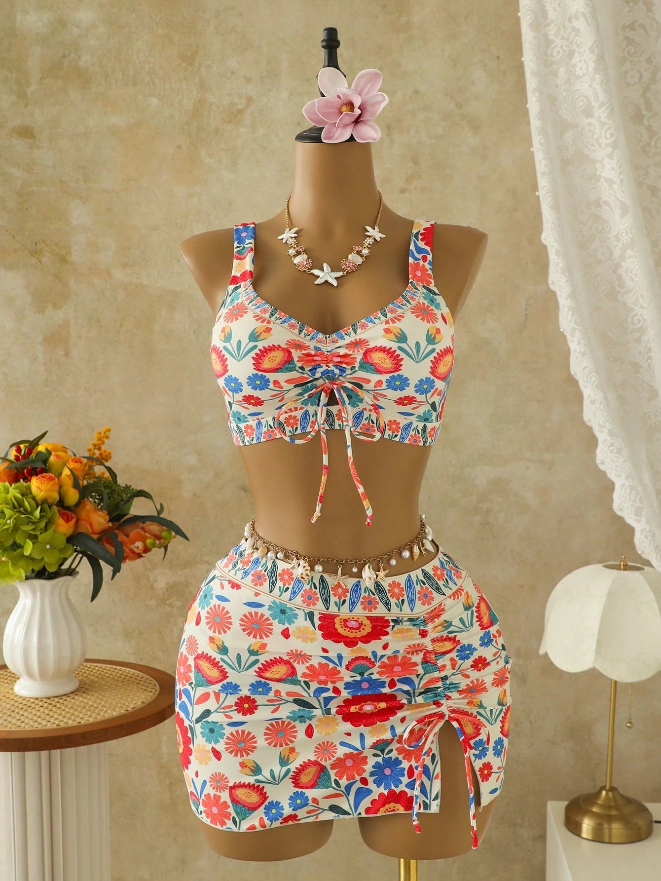 Swim Lushoire Summer New Floral Print Tie-Up Ruched Tankini Top And Mini Skirt Swimwear Set,Beige Boho Beach Holiday Conservative Drawstring Bikini Set