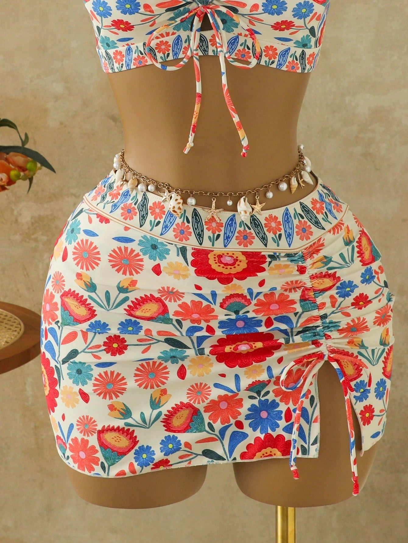 Swim Lushoire Summer New Floral Print Tie-Up Ruched Tankini Top And Mini Skirt Swimwear Set,Beige Boho Beach Holiday Conservative Drawstring Bikini Set