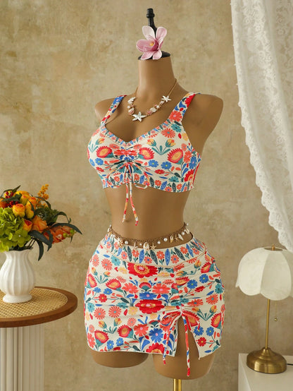 Swim Lushoire Summer New Floral Print Tie-Up Ruched Tankini Top And Mini Skirt Swimwear Set,Beige Boho Beach Holiday Conservative Drawstring Bikini Set