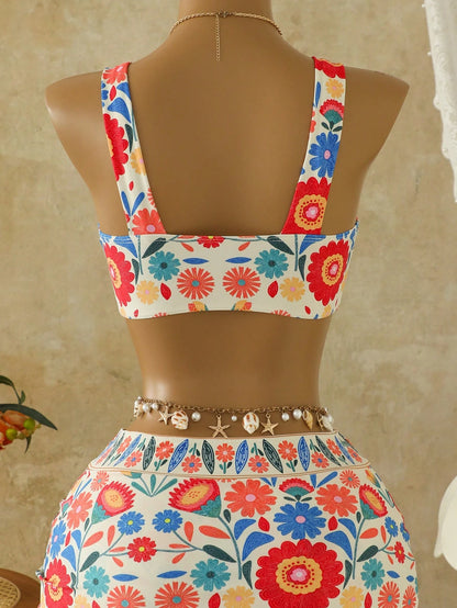 Swim Lushoire Summer New Floral Print Tie-Up Ruched Tankini Top And Mini Skirt Swimwear Set,Beige Boho Beach Holiday Conservative Drawstring Bikini Set