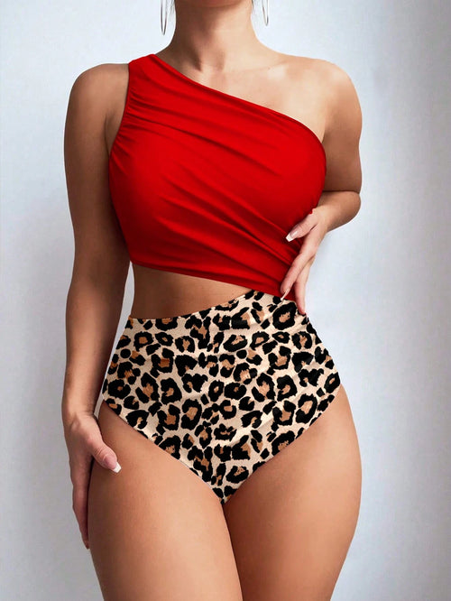 Swim Lushoire Women One-Piece Swimsuit,Asymmetric One Shoulder Red Spliced Leopard Print,Sleeveless Casual Comfortable Summer Cute Beach Party Swimwear For Swim