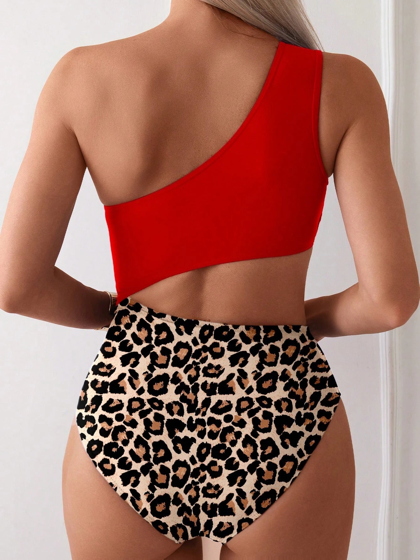 Swim Lushoire Women One-Piece Swimsuit,Asymmetric One Shoulder Red Spliced Leopard Print,Sleeveless Casual Comfortable Summer Cute Beach Party Swimwear For Swim