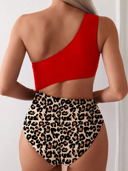 Swim Lushoire Women One-Piece Swimsuit,Asymmetric One Shoulder Red Spliced Leopard Print,Sleeveless Casual Comfortable Summer Cute Beach Party Swimwear For Swim