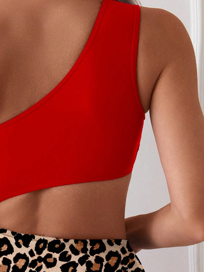 Swim Lushoire Women One-Piece Swimsuit,Asymmetric One Shoulder Red Spliced Leopard Print,Sleeveless Casual Comfortable Summer Cute Beach Party Swimwear For Swim
