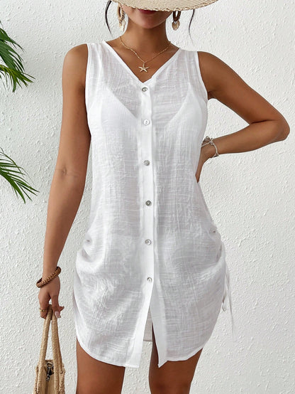 Swim Lushoire Women Plain Color Single-Breasted Sleeveless Kimono Cover Up Kimono For Summer Beach Vacation