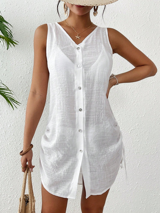 Swim Lushoire Women Plain Color Single-Breasted Sleeveless Kimono Cover Up Kimono For Summer Beach Vacation