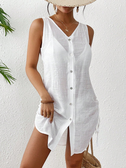 Swim Lushoire Women Plain Color Single-Breasted Sleeveless Kimono Cover Up Kimono For Summer Beach Vacation