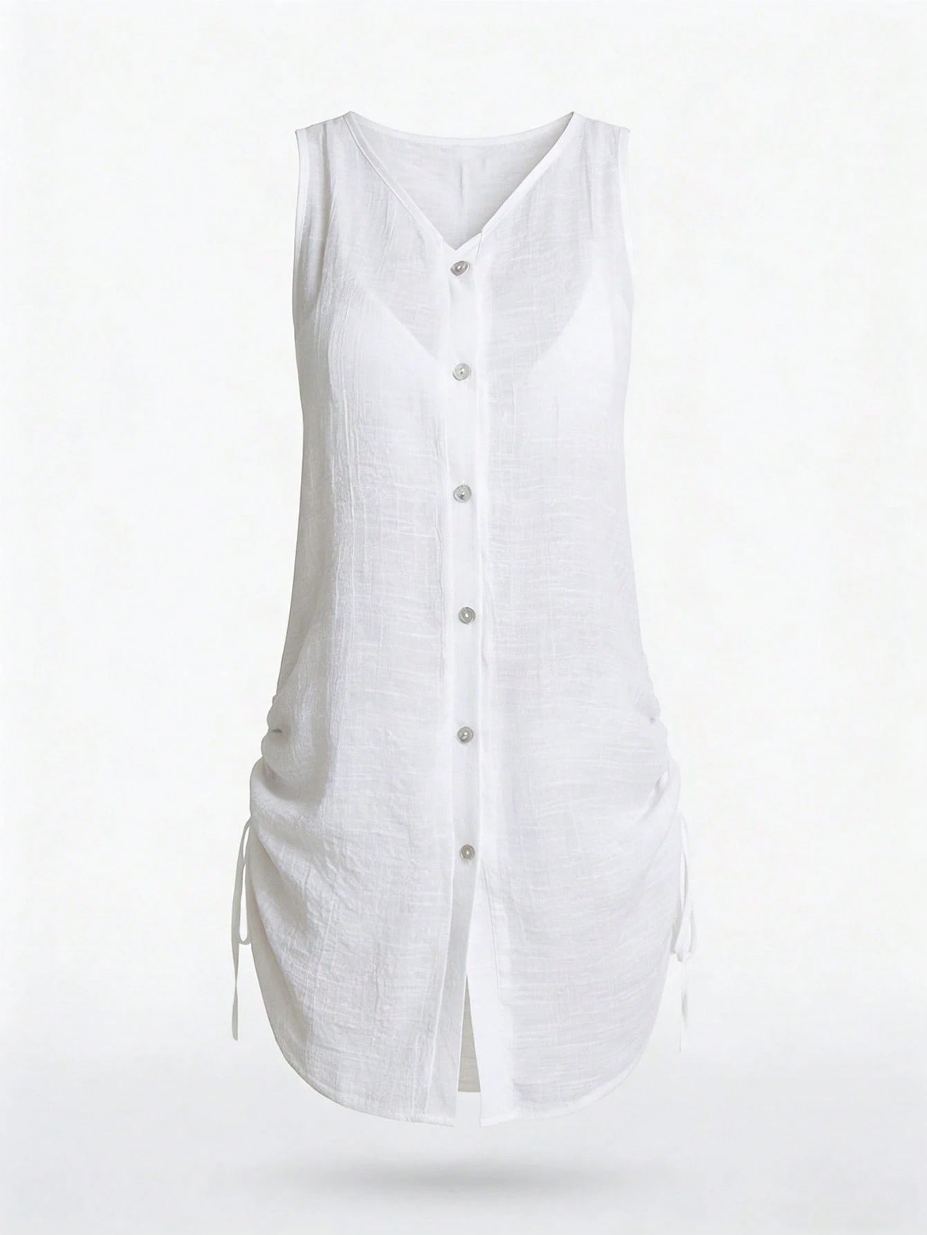 Swim Lushoire Women Plain Color Single-Breasted Sleeveless Kimono Cover Up Kimono For Summer Beach Vacation