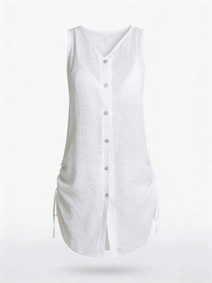 Swim Lushoire Women Plain Color Single-Breasted Sleeveless Kimono Cover Up Kimono For Summer Beach Vacation