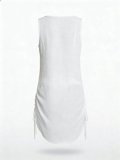 Swim Lushoire Women Plain Color Single-Breasted Sleeveless Kimono Cover Up Kimono For Summer Beach Vacation