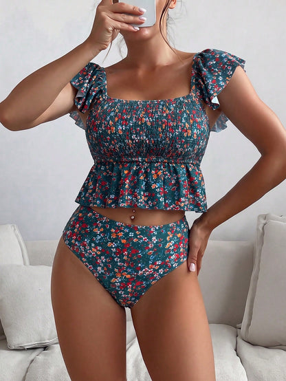 Swim Lushoire Women's 2-Piece Dark Green Random Ditsy Floral Square Neck Ruffle Trim Spaghetti Strap Tank Top & High Waist Triangle Bikini Bottom Set