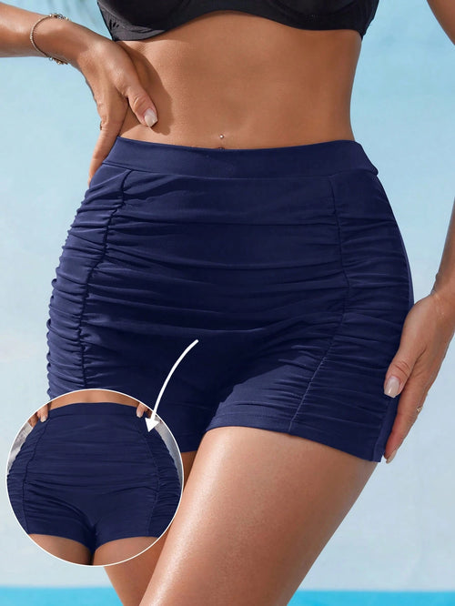 Swim Lushoire Women's Black High Waist Ruched Tummy Control Cheeky Bikini Bottom, Flattering Fit For Vacation, Beach, Spring/Summer