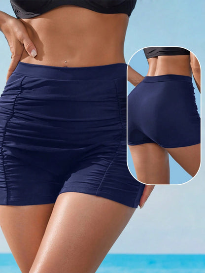 Swim Lushoire Women's Black High Waist Ruched Tummy Control Cheeky Bikini Bottom, Flattering Fit For Vacation, Beach, Spring/Summer