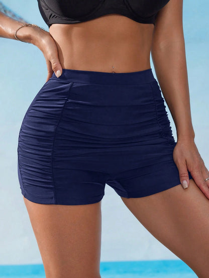 Swim Lushoire Women's Black High Waist Ruched Tummy Control Cheeky Bikini Bottom, Flattering Fit For Vacation, Beach, Spring/Summer