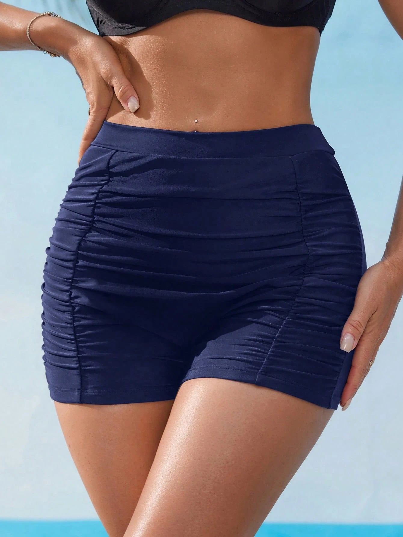 Swim Lushoire Women's Black High Waist Ruched Tummy Control Cheeky Bikini Bottom, Flattering Fit For Vacation, Beach, Spring/Summer