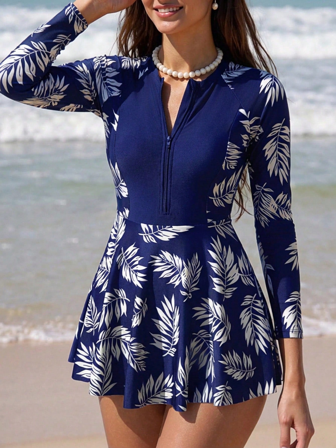 Swim Lushoire Women's Black Patchwork Tropical Leaf Print Front Zip One-Piece Swimdress, Conservative Style For Vacation, Surfing, Sports For Summer