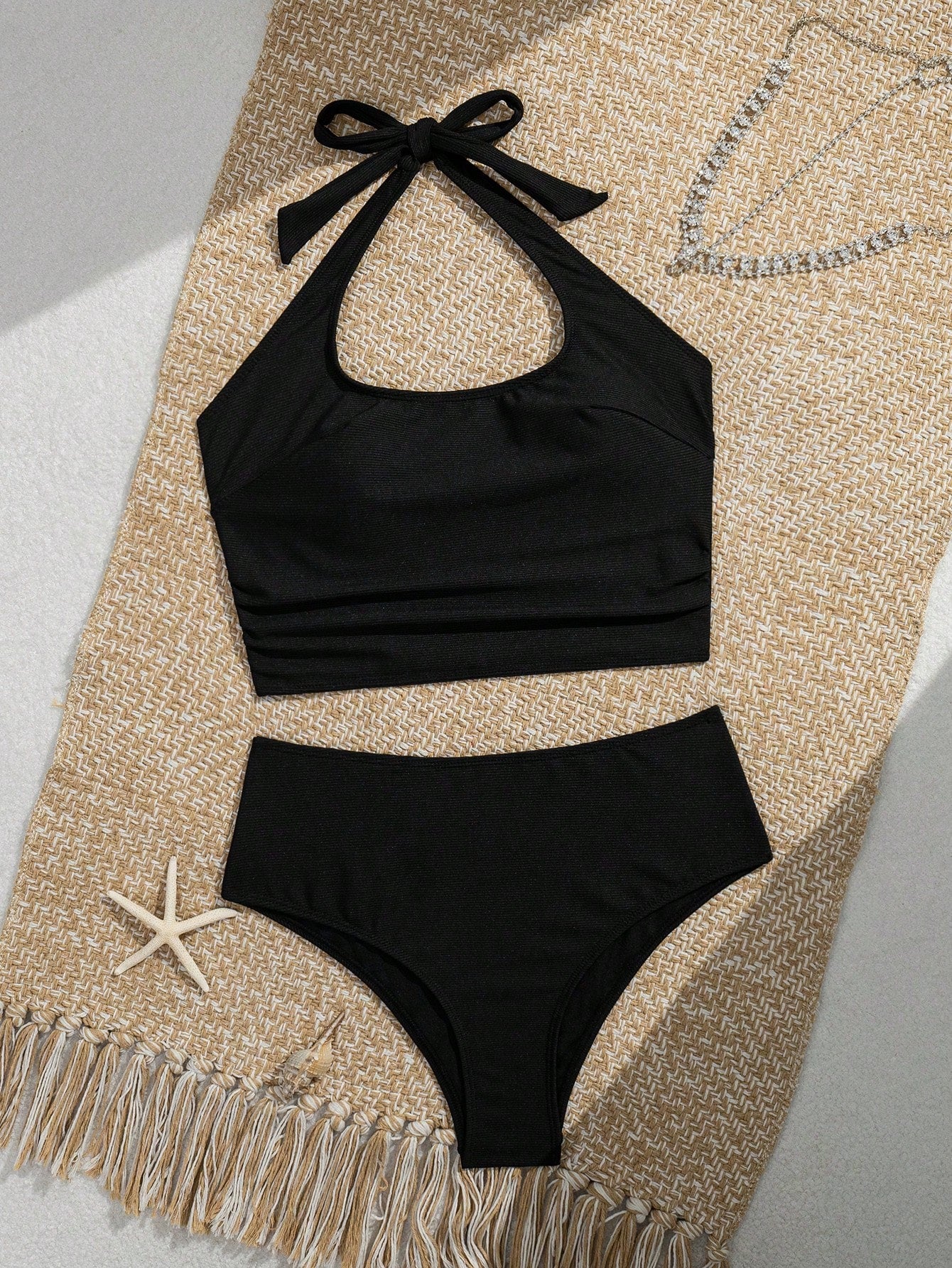 Swim Lushoire Women's Black Summer Casual Swimwear Set,Solid Color Spaghetti Strap Tie Top & Triangle Bikini Bottom,Tummy Control Beach Party Holiday Wear