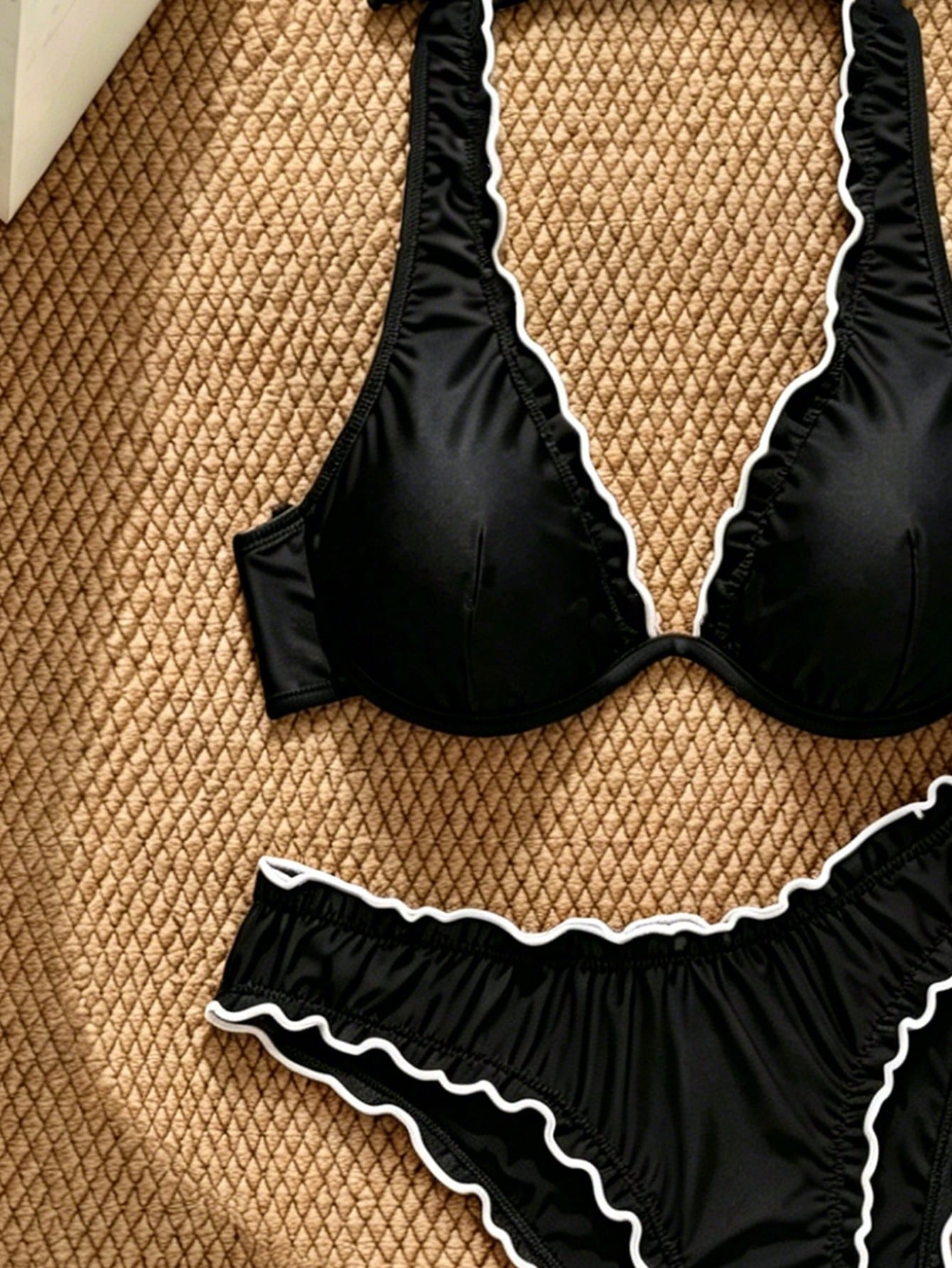 Swim Lushoire Women's Black Wire-Rimmed Knotted Cute Frill Trim White Trim Casual Girl's Beach Bikini Set, Lady's Separates Swimwear, Summer
