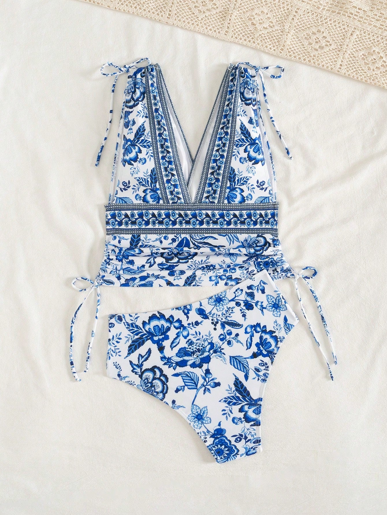 Swim Lushoire Women's Blue Random Print V-Neck Sleeveless Tankinis With Drawstring High Waist Bottom Made Of Swimwear Fabric Casual Short Swimwear