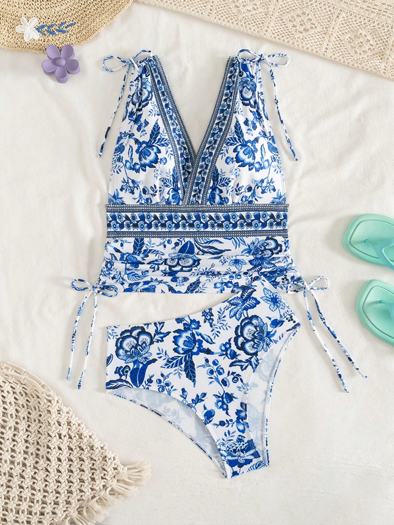 Swim Lushoire Women's Blue Random Print V-Neck Sleeveless Tankinis With Drawstring High Waist Bottom Made Of Swimwear Fabric Casual Short Swimwear