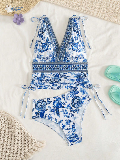 Swim Lushoire Women's Blue Random Print V-Neck Sleeveless Tankinis With Drawstring High Waist Bottom Made Of Swimwear Fabric Casual Short Swimwear