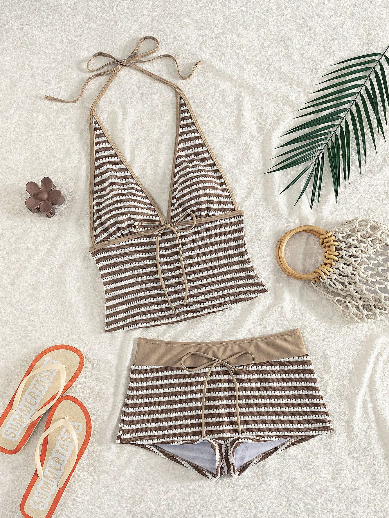 Swim Lushoire Women's Brown And White Striped Halter Neck Tie Tank Top And Tight Shorts Two-Piece Swimsuit Set
