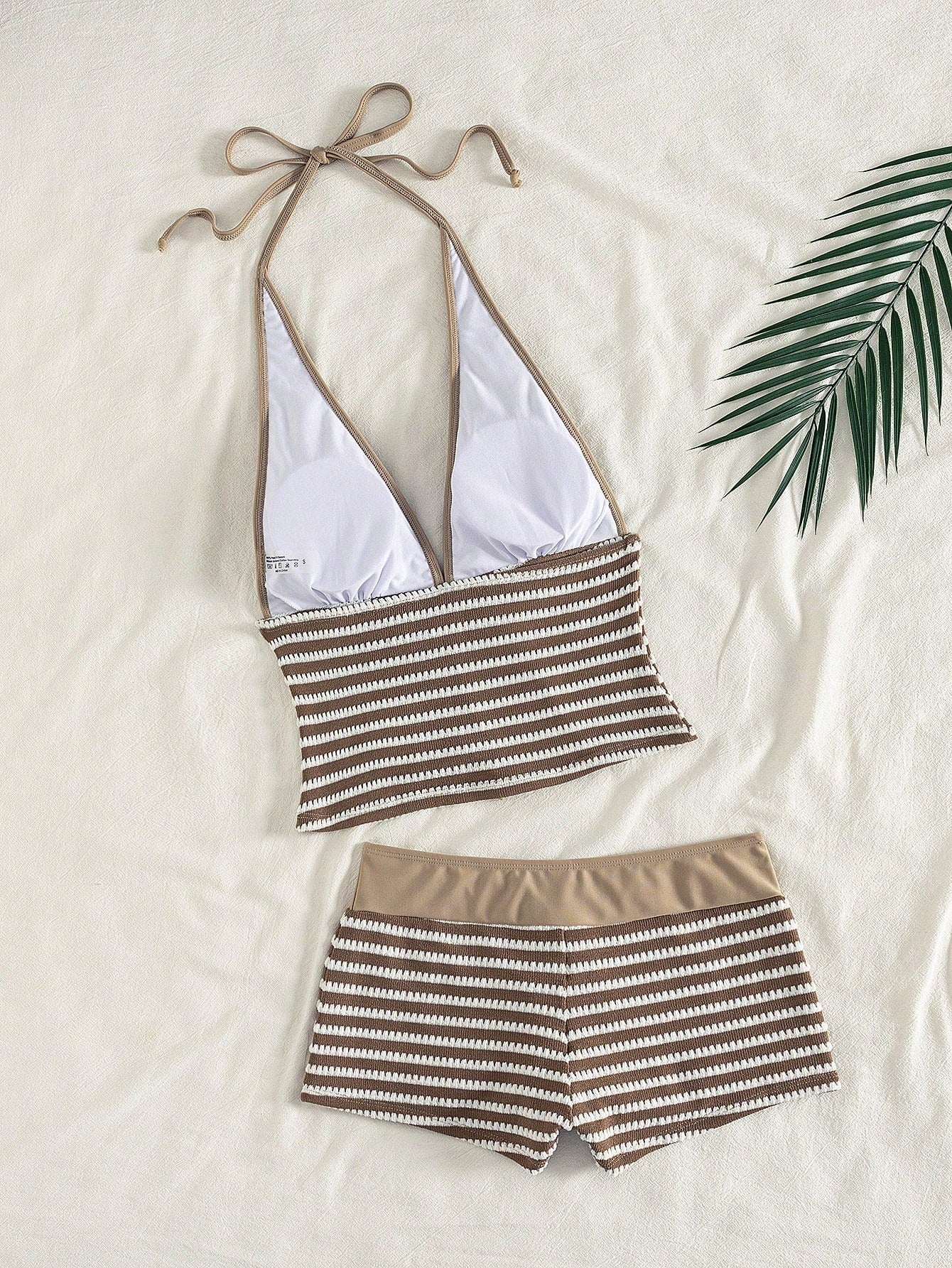 Swim Lushoire Women's Brown And White Striped Halter Neck Tie Tank Top And Tight Shorts Two-Piece Swimsuit Set