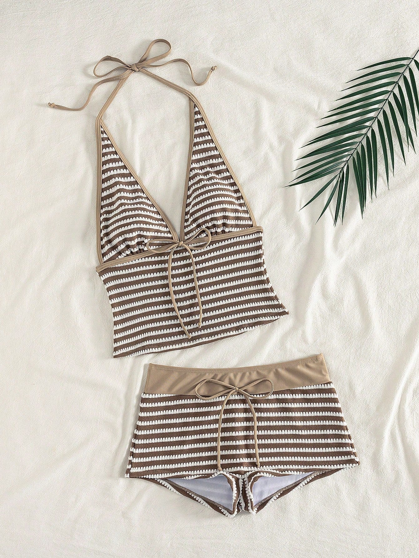 Swim Lushoire Women's Brown And White Striped Halter Neck Tie Tank Top And Tight Shorts Two-Piece Swimsuit Set