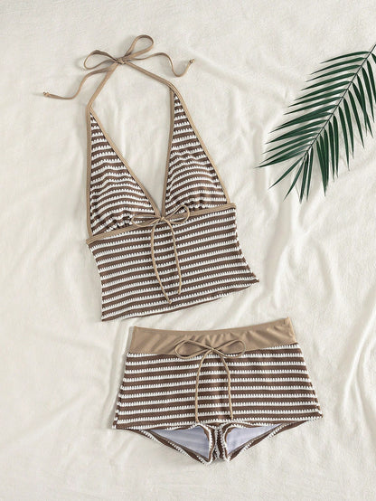 Swim Lushoire Women's Brown And White Striped Halter Neck Tie Tank Top And Tight Shorts Two-Piece Swimsuit Set