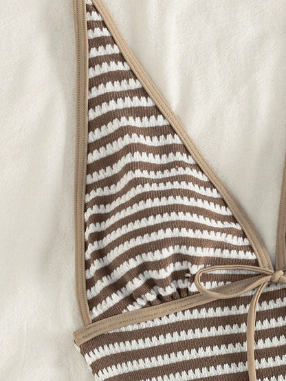 Swim Lushoire Women's Brown And White Striped Halter Neck Tie Tank Top And Tight Shorts Two-Piece Swimsuit Set