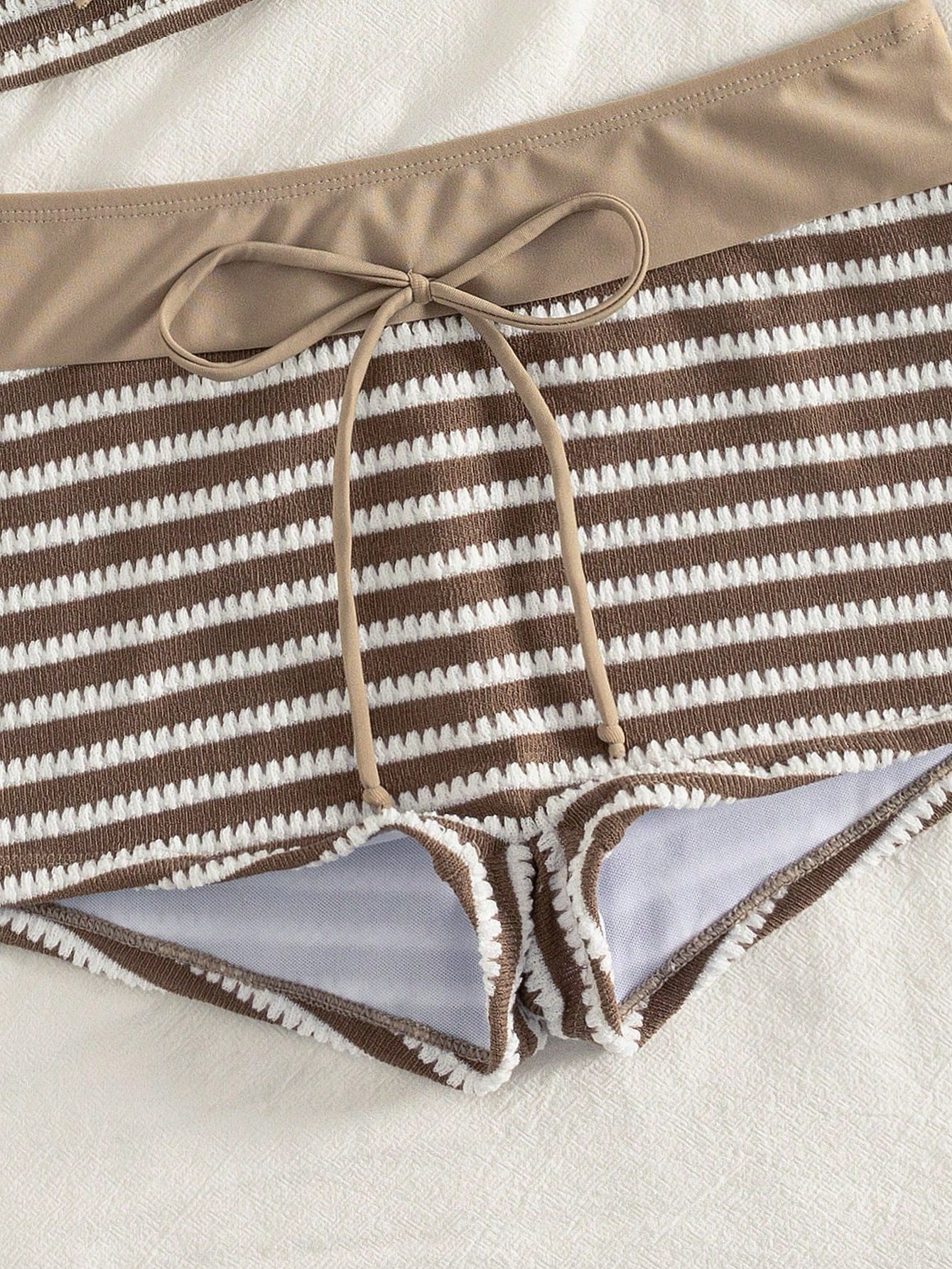 Swim Lushoire Women's Brown And White Striped Halter Neck Tie Tank Top And Tight Shorts Two-Piece Swimsuit Set