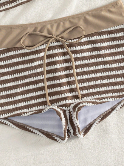 Swim Lushoire Women's Brown And White Striped Halter Neck Tie Tank Top And Tight Shorts Two-Piece Swimsuit Set