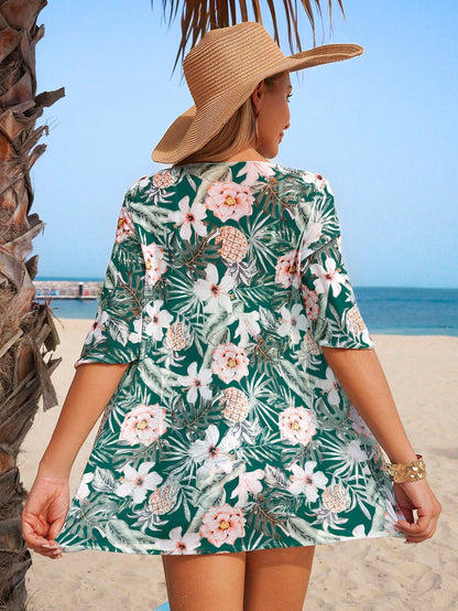 Swim Lushoire Women's Dark Green Summer Boho Beach Vacation Holiday Holiday Tropical Print Bikini Swimwear And Kimono Cover Up 3 Pieces Set Floral Vacation Outfits
