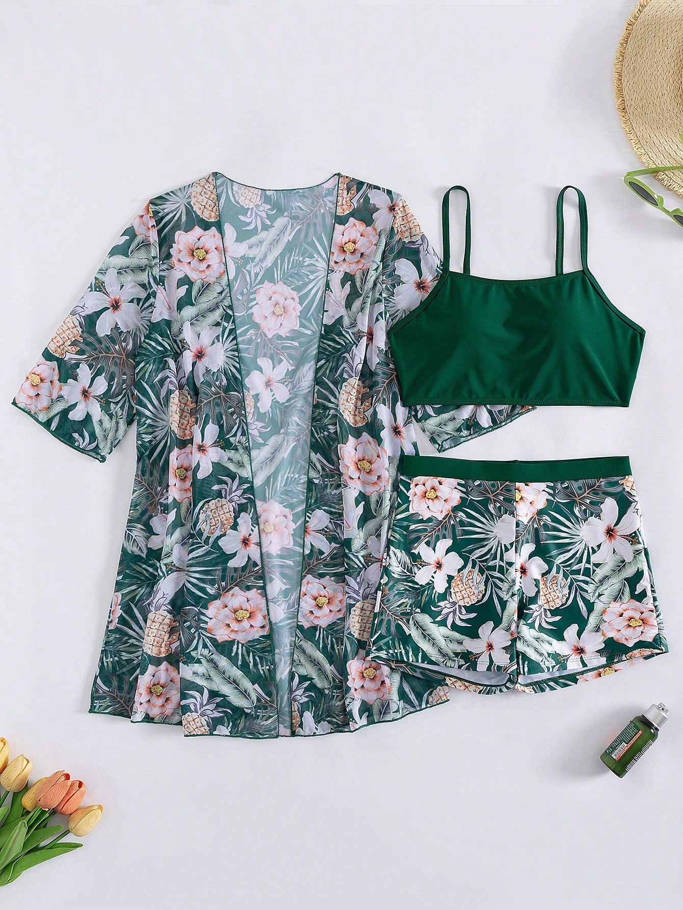Swim Lushoire Women's Dark Green Summer Boho Beach Vacation Holiday Holiday Tropical Print Bikini Swimwear And Kimono Cover Up 3 Pieces Set Floral Vacation Outfits