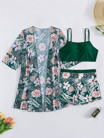 Swim Lushoire Women's Dark Green Summer Boho Beach Vacation Holiday Holiday Tropical Print Bikini Swimwear And Kimono Cover Up 3 Pieces Set Floral Vacation Outfits