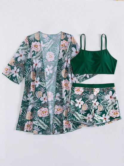 Swim Lushoire Women's Dark Green Summer Boho Beach Vacation Holiday Holiday Tropical Print Bikini Swimwear And Kimono Cover Up 3 Pieces Set Floral Vacation Outfits