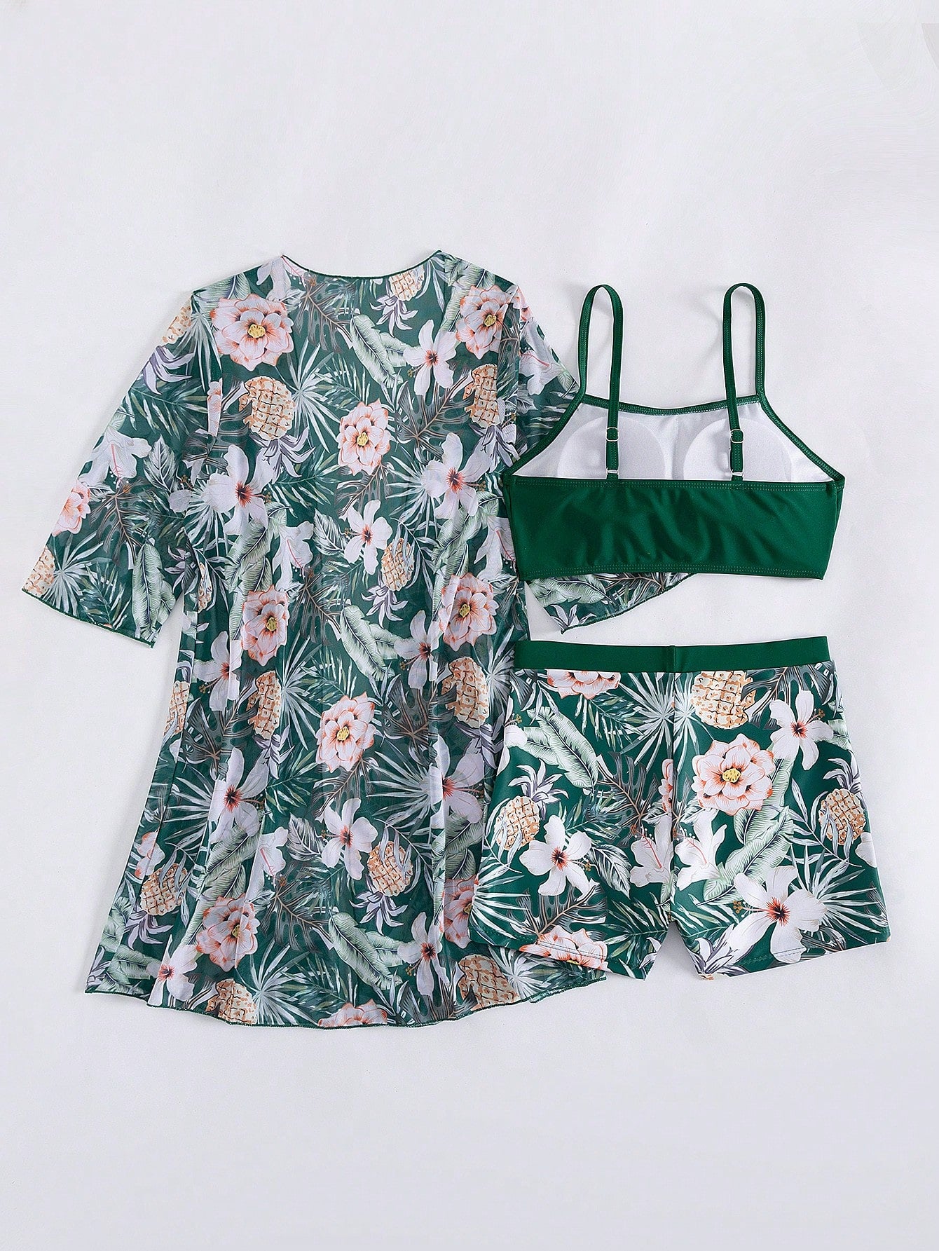 Swim Lushoire Women's Dark Green Summer Boho Beach Vacation Holiday Holiday Tropical Print Bikini Swimwear And Kimono Cover Up 3 Pieces Set Floral Vacation Outfits