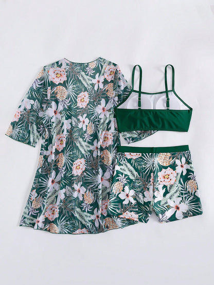 Swim Lushoire Women's Dark Green Summer Boho Beach Vacation Holiday Holiday Tropical Print Bikini Swimwear And Kimono Cover Up 3 Pieces Set Floral Vacation Outfits