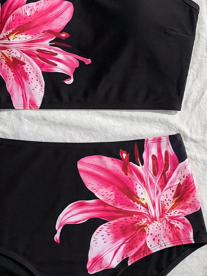Swim Lushoire Women's Floral Print Tankini Top And Triangle Tankini Bottom Two-Piece Swimsuit Set