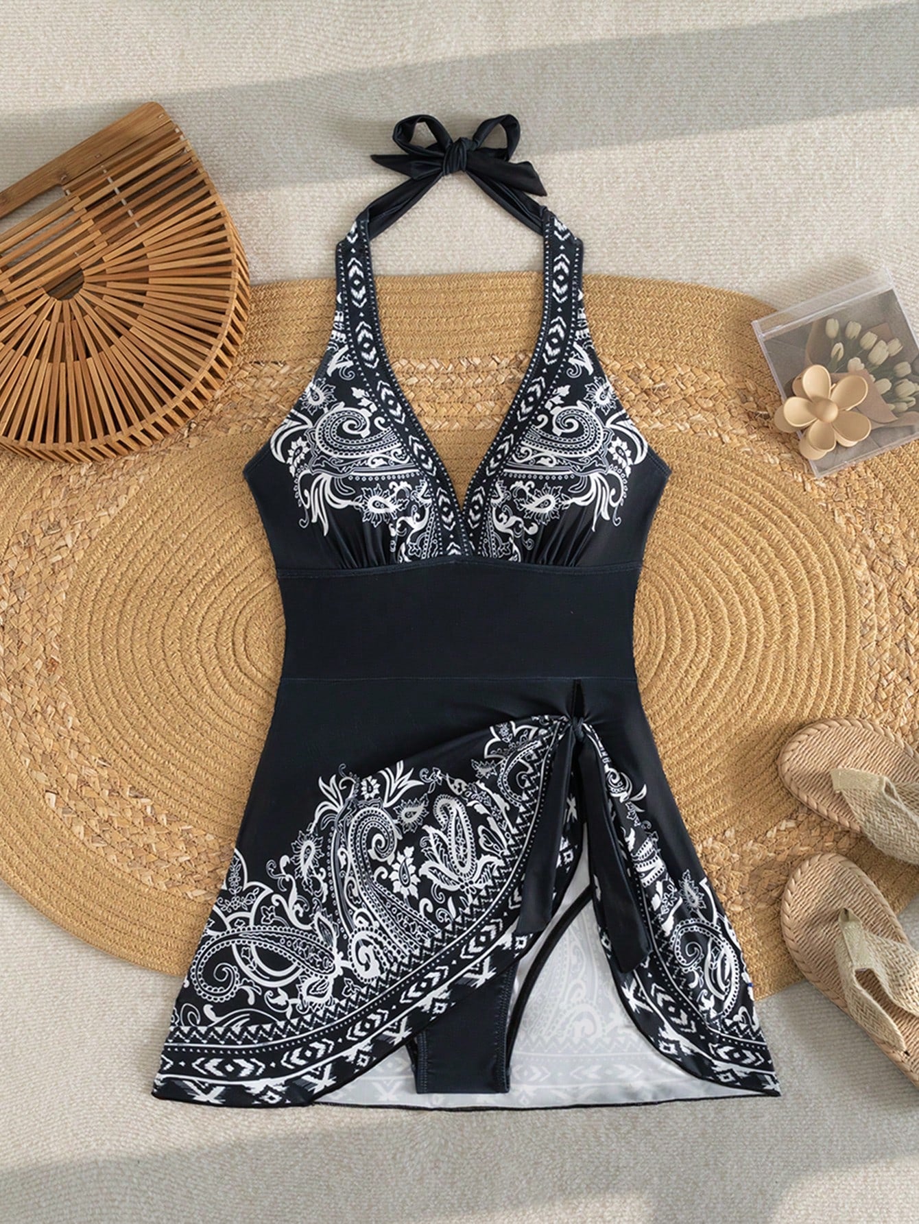 Swim Lushoire Women's Halter Neck Tie Waist Cashew Print One-Piece Swimdress