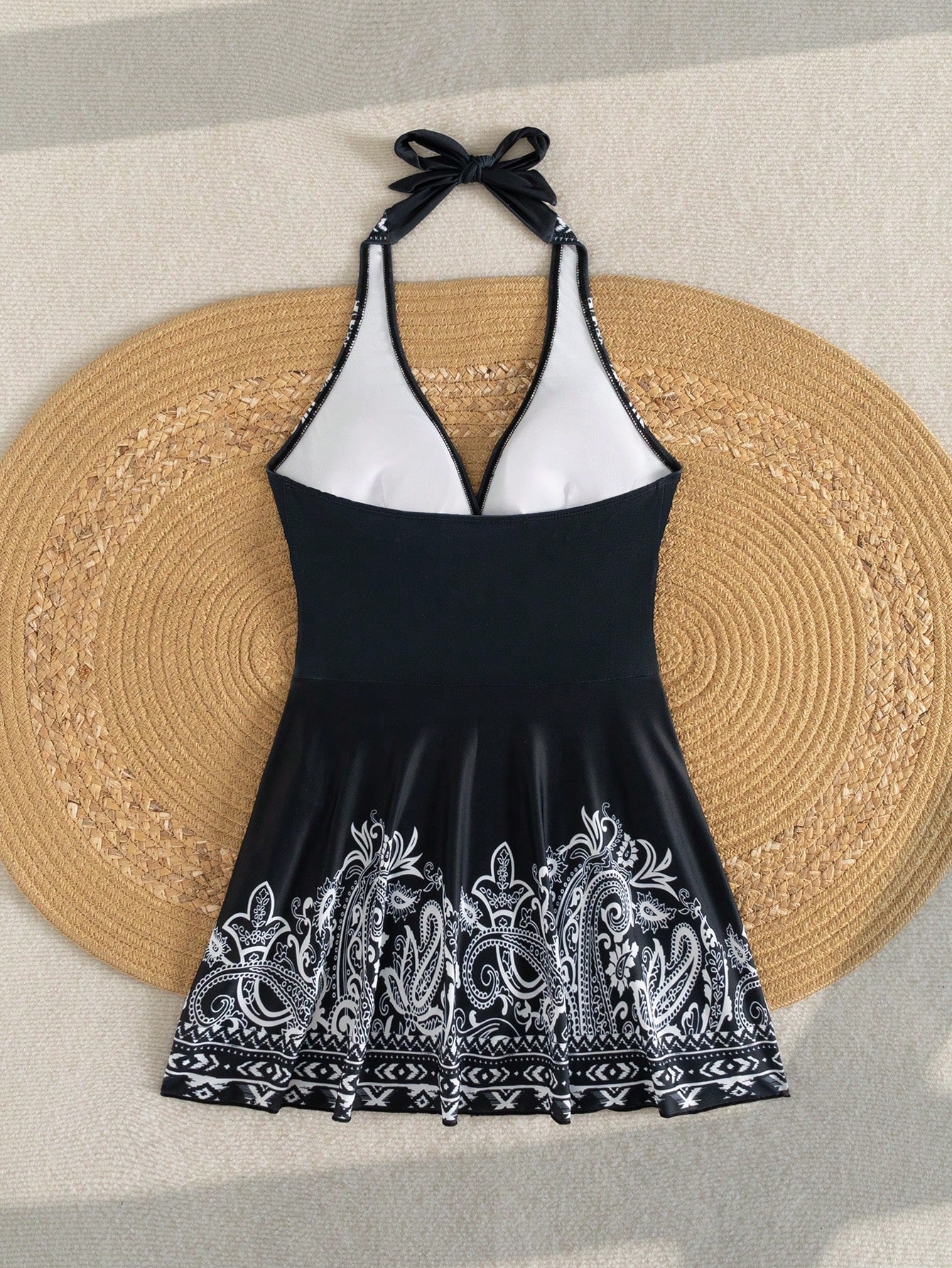 Swim Lushoire Women's Halter Neck Tie Waist Cashew Print One-Piece Swimdress