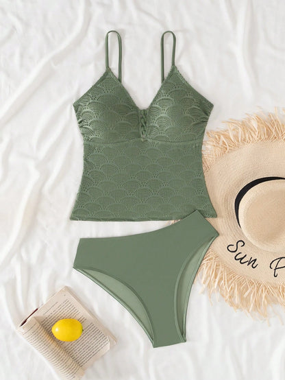Swim Lushoire Women's Lace-Up Hollow Out Camisole Top And Triangle Bikini Bottom Fashion Swimsuit Set,Army Green Shell-Textured Tankini Swimsuit Set