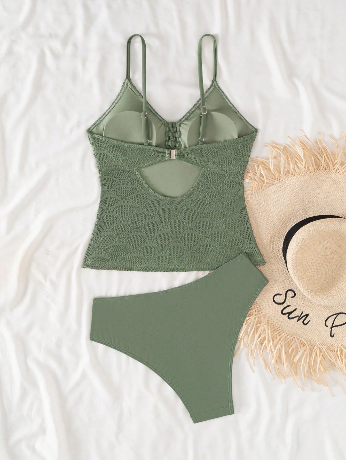 Swim Lushoire Women's Lace-Up Hollow Out Camisole Top And Triangle Bikini Bottom Fashion Swimsuit Set,Army Green Shell-Textured Tankini Swimsuit Set